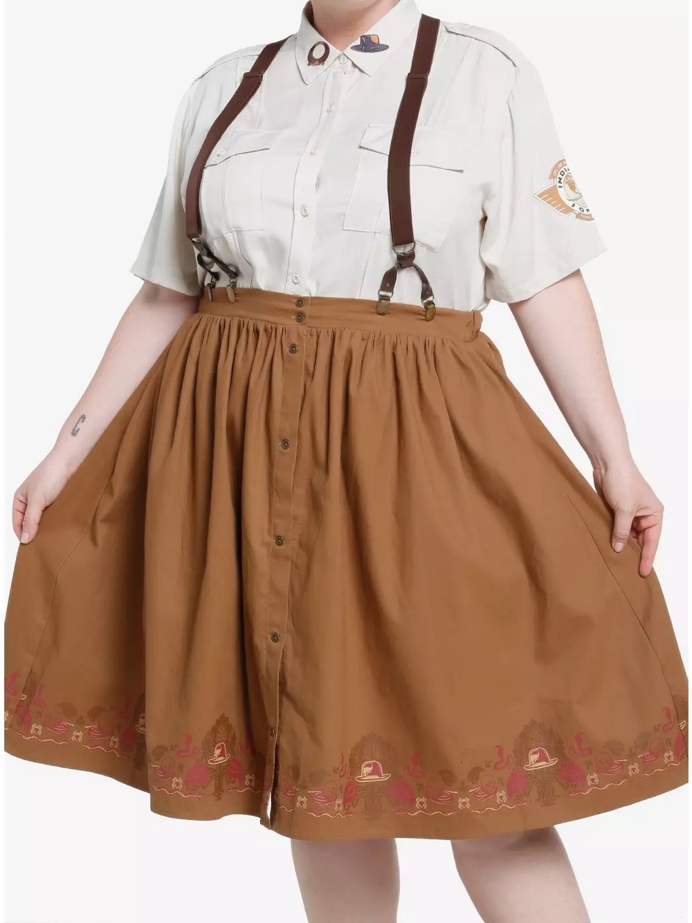 Her Universe Brown Button-Front Indiana Jones Suspender Skirt w/ Graphic Hem